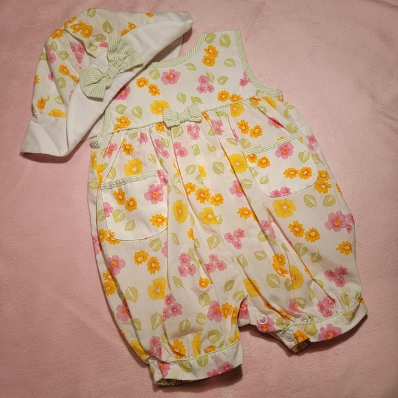 CARTER'S ♡ 2pc Vintage Lime Green 'n White Stripe Trim Bright Floral Romper 3-6M - Picture 5 of 17